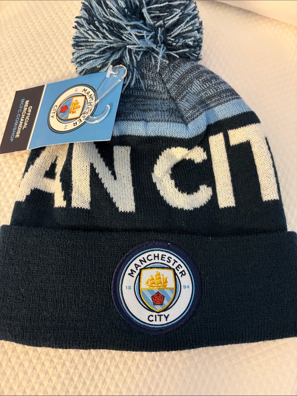 Kids Manchester City Pom Beanie Hat - Navy & Sky Blue, NWT
